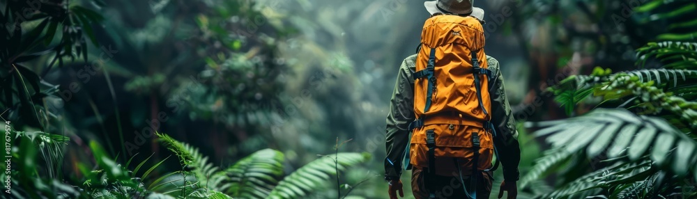Adventurer backpacking through a lush rainforest, Adventurer backpacking through a lush rainforest,