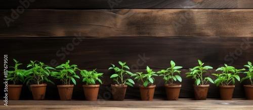 Copy space image featuring potted seedlings thriving in square organic pots set against a rustic wooden backdrop