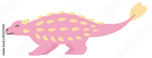 Cute pink dinosaur with spikes in flat design. Happy ankylosaurus dino. Vector illustration isolated.