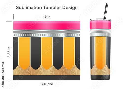 Teacher pencil sublimation design for 20 oz skinny tumbler. Back to school concept. Sublimation illustration. Seamless from edge to edge. Full tumbler wrap.