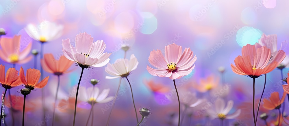 An abstract blur of Cosmos flowers in spring creating a bokeh effect in the background of the copy space image An abstract blur of Cosmos flowers in spring creating a bokeh effect in the background of the copy space image
