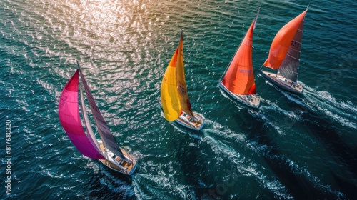 Sailboats with colorful sails racing on the ocean at sunset. Aerial view of marine regatta