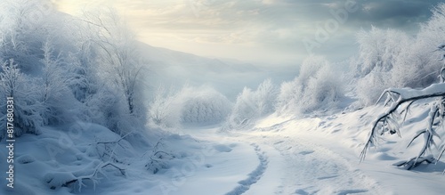 A path meanders through a snowy terrain guiding the way into a serene forest. Creative banner. Copyspace image