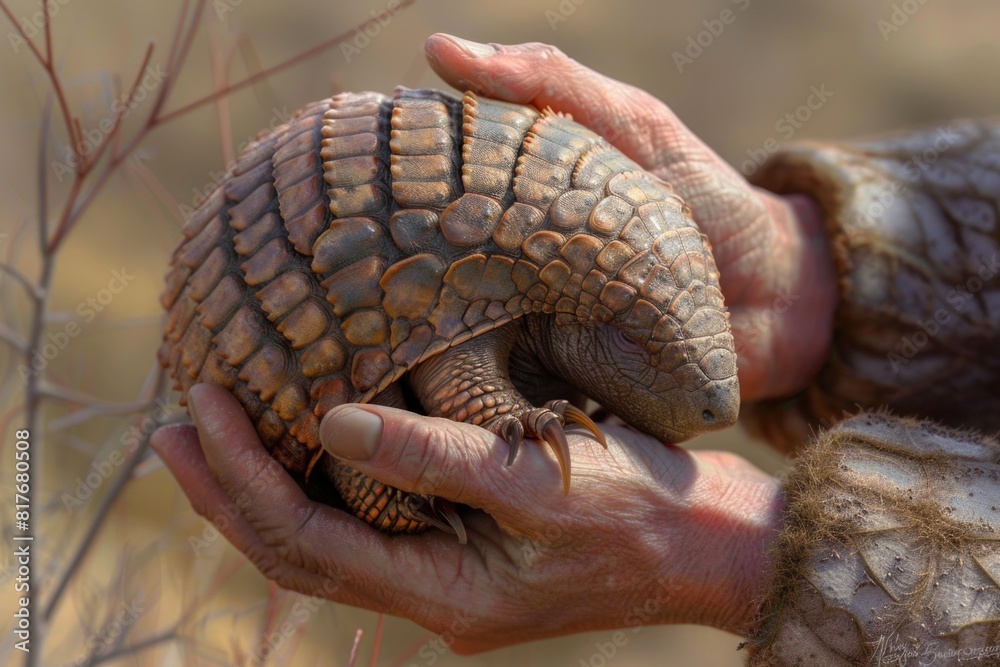 A person holding a small armadillo. Suitable for educational materials A person holding a small armadillo. Suitable for educational materials