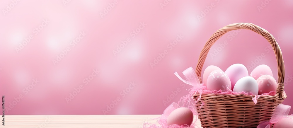 A pink background with Easter eggs arranged in a wicker basket and a blank paper for the greeting Easter card providing copy space image A pink background with Easter eggs arranged in a wicker basket and a blank paper for the greeting Easter card providing copy space image