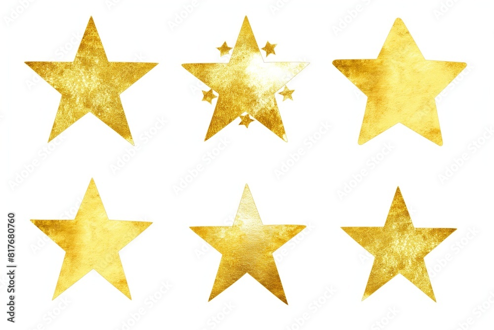 Set of six textured golden stars with a dreamy and enchanting minimalist design, isolated on a crisp white background Set of six textured golden stars with a dreamy and enchanting minimalist design, isolated on a crisp white background