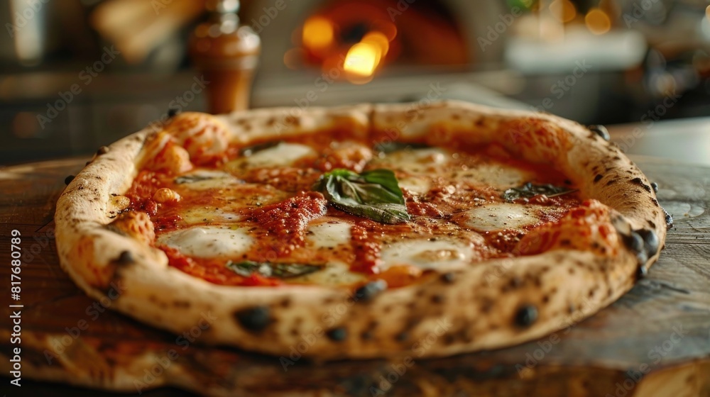 Neapolitan Pizza on Rustic Wooden Table with Glowing Wood Fired Crust and Soft Lighting
