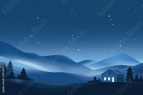 Minimalist illustration of a tranquil night sky peppered with stars above rolling hills with a cozy rural house