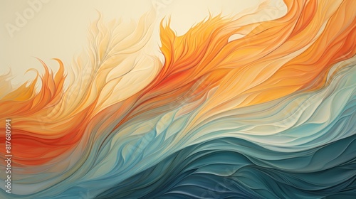 The image is an abstract painting with a wave-like pattern. The colors are orange, blue and white. The painting has a soft, dreamy feel to it. © admin_design