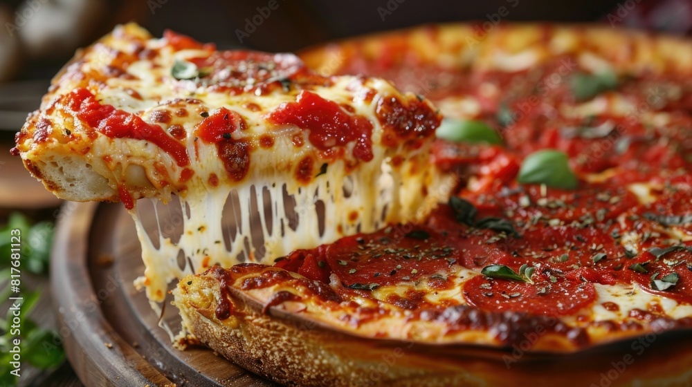 Delightful Deep Dish Chicago Style Pizza Slice Showcasing Layers of Melted Cheese Savory Sauce and Tempting Toppings Delightful Deep Dish Chicago Style Pizza Slice Showcasing Layers of Melted Cheese Savory Sauce and Tempting Toppings
