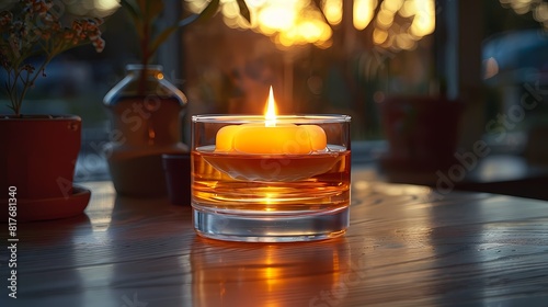 The gentle flicker of a single candle captured in high definition, its warm glow emanating from within a transparent glass casing