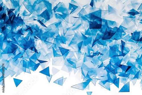 Emerging pattern of abstract geometric shapes in shades of blue on a solid white background.