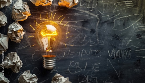 Embracing inventive approaches to education: crumpled paper metamorphosed into a radiant light bulb against a blackboard.