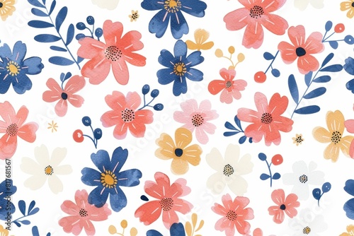 Seamless Blue  Pink  and Orange Floral Pattern on White Background for Design and Decorations