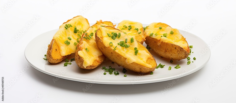 A copy space image of Cheezy Wedges which are baked potatoes topped with cheese placed on a white table A copy space image of Cheezy Wedges which are baked potatoes topped with cheese placed on a white table