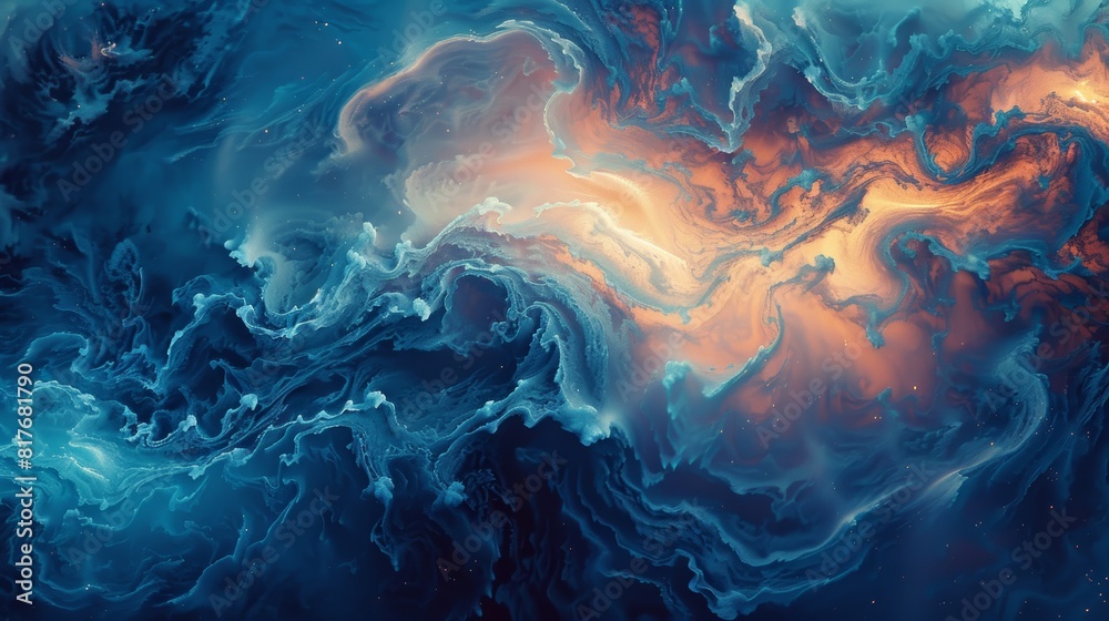The image is an abstract painting. It has a blue and orange color scheme. The painting is very fluid and looks like it is in motion. The image is an abstract painting. It has a blue and orange color scheme. The painting is very fluid and looks like it is in motion.