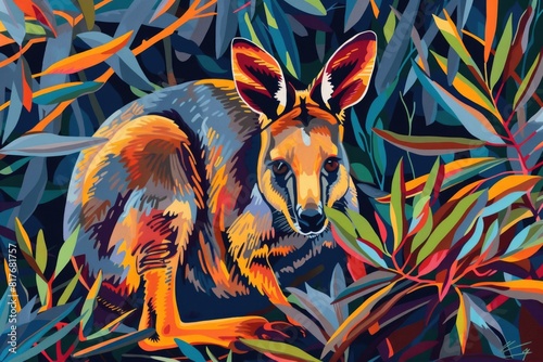 Realistic painting of a kangaroo in a bush. Suitable for educational materials