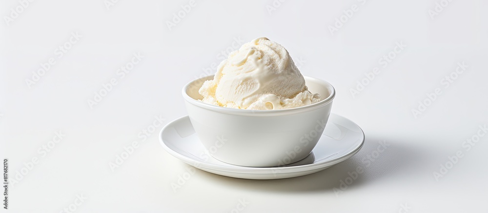 A cup of vanilla ice cream is prepared on a white table with plenty of empty space in the image surrounding it. Creative banner. Copyspace image A cup of vanilla ice cream is prepared on a white table with plenty of empty space in the image surrounding it. Creative banner. Copyspace image