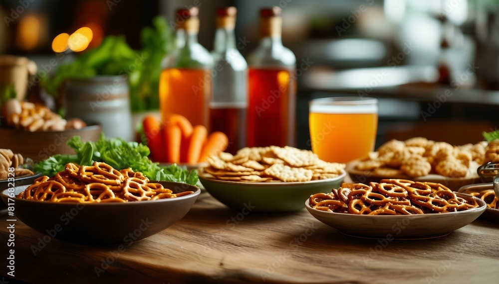 A wooden table filled with various snacks like pretzels and crackers, vegetables such as carrots, and drinks in bottles arranged around the table for a casual gathering or meal.