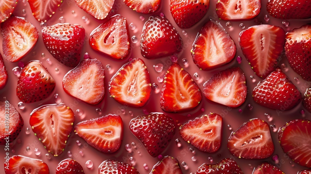 Ripe strawberries, both whole and cut in half, with visible seeds and drops of water on a pink reflective surfac