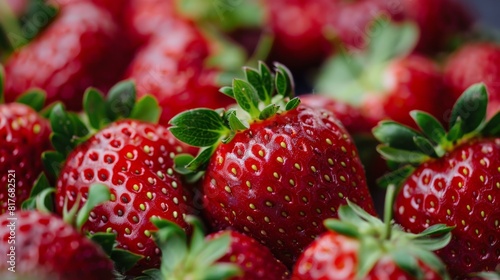 A detailed close-up image capturing the freshness and texture of ripe strawberries with vibrant colors
