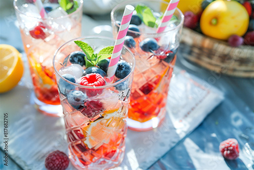 Fresh summer cocktails with fresh raspberries, blueberry, mint, ice  and citrus fruits served outdoor, party, celebration. Non-alcoholic drink-beverages. Summer refreshment concept photo