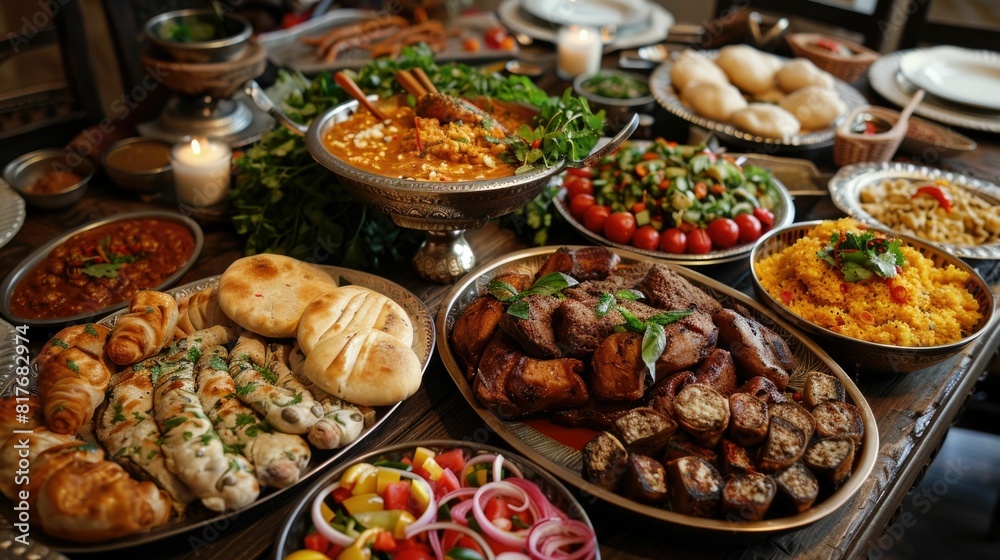 Diverse and Delightful Traditional Muslim Feast Spread with Aromatic Dishes Savory Meats and Freshly Baked Breads