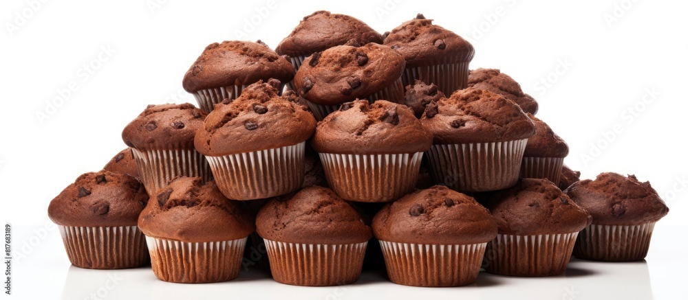 A pile of muffins arranged separately on a white background leaving empty space for other images to be added if needed. Creative banner. Copyspace image A pile of muffins arranged separately on a white background leaving empty space for other images to be added if needed. Creative banner. Copyspace image