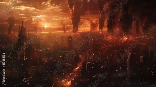 The image shows a post-apocalyptic city in ruins, with large buildings and skyscrapers in the background photo