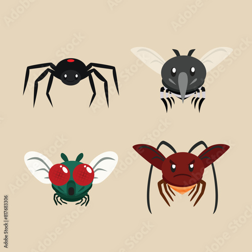 Cute illustrations of Spiders, Mosquito, Flies and Cockroaches photo