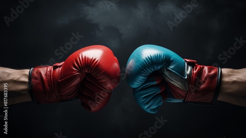 The image shows two boxing gloves, one red and one blue, facing each other on a dark background. © admin_design