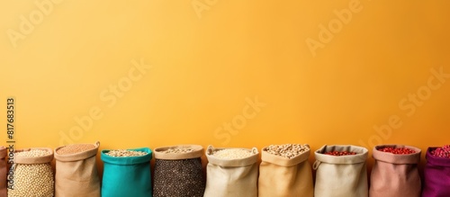 Colorful background with bags containing oat groats and a notebook providing ample copy space for further designs or text in the image photo