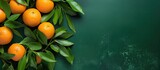 Top view of fresh ripe mandarins with green leaves on a colored background providing ample copy space for text