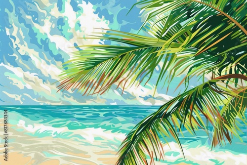 A serene painting of a palm tree on a beautiful beach. Ideal for travel and nature themed designs