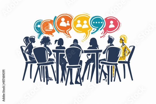 Group of people sitting at a table with speech bubbles, suitable for business or communication concepts