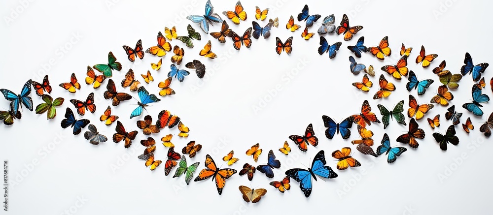 A celebration of colorful butterflies gathered in a circular formation viewed from above with a white background and copy space A celebration of colorful butterflies gathered in a circular formation viewed from above with a white background and copy space
