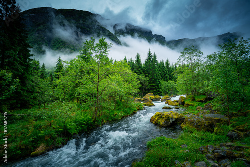 Atmospheric Norwegian Landscape: Glacial River Amid Lush Green Fjord photo