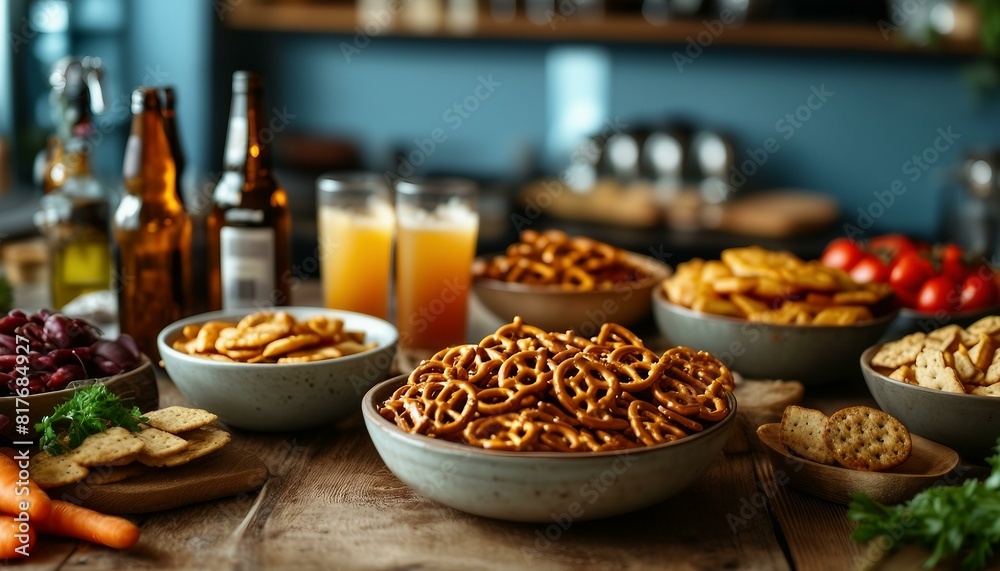 A wooden table filled with various snacks like pretzels and crackers, vegetables such as carrots, and drinks in bottles arranged around the table for a casual gathering or meal. A wooden table filled with various snacks like pretzels and crackers, vegetables such as carrots, and drinks in bottles arranged around the table for a casual gathering or meal.