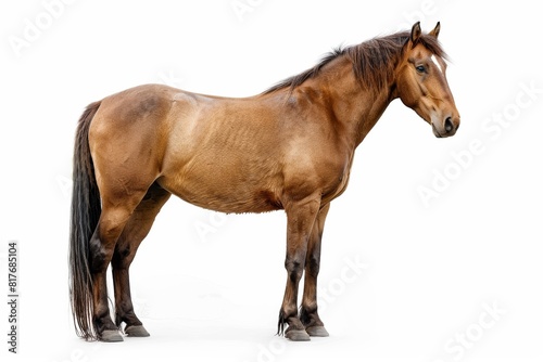 Full-length portrait of a wild mustang horse standing tall on a white background