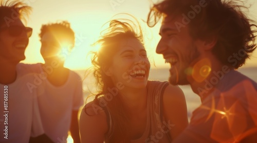 Friends laughing and having fun on a summer beach trip at sunset, with soft focus and lens flare highlighting their joy and the beautiful scenery. 