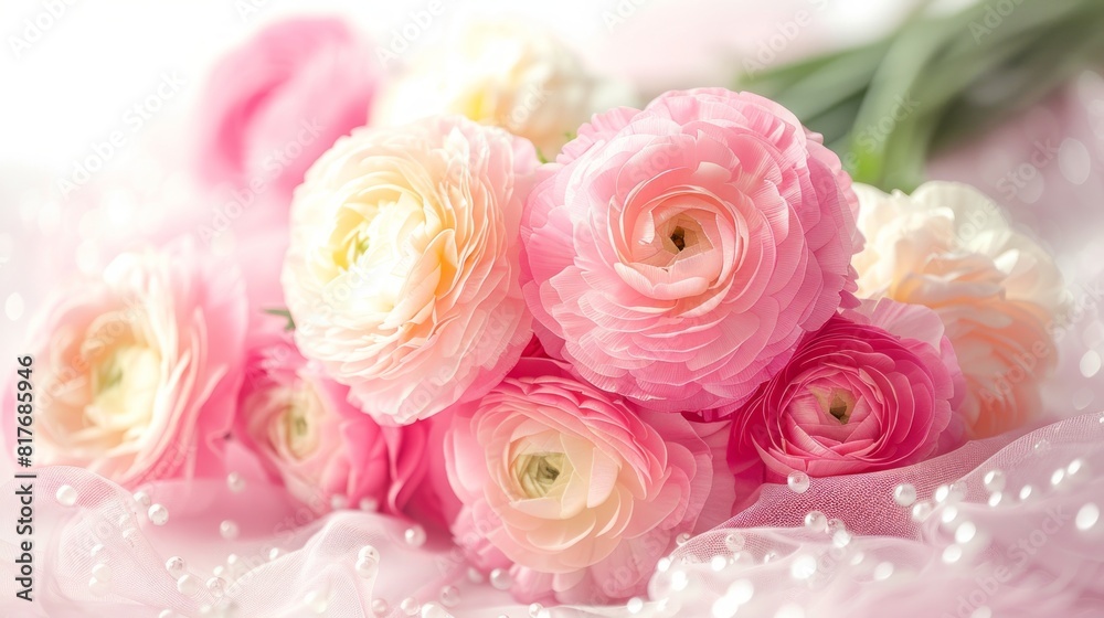 A Beautiful Bouquet Of Pink And White Ranunculus Flowers With A Blurred Background.