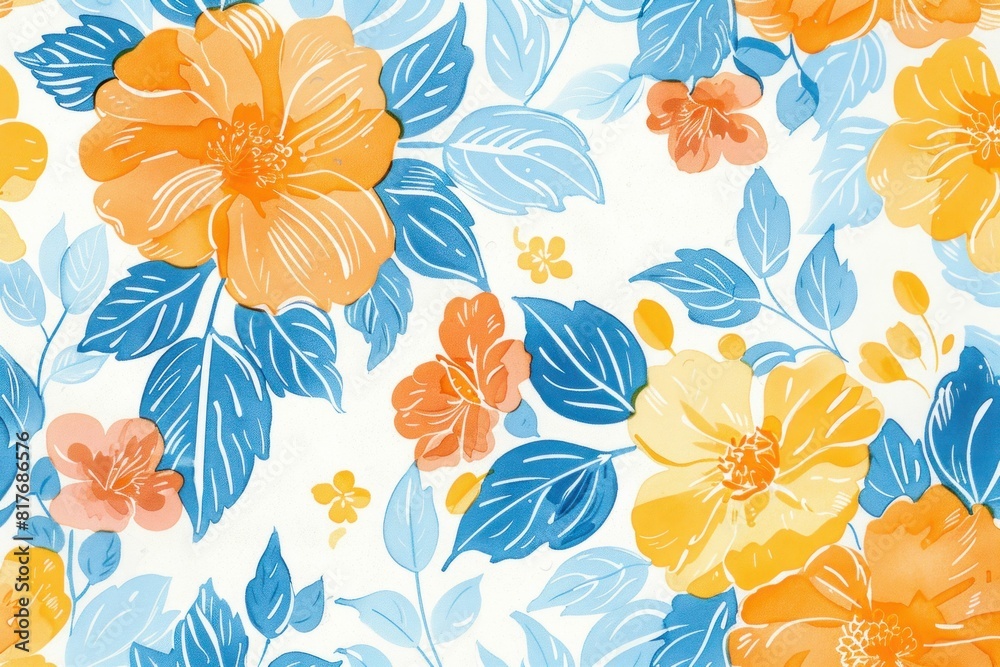 Seamless intricate floral pattern with vibrant orange and blue flowers on a delicate white and blue background Seamless intricate floral pattern with vibrant orange and blue flowers on a delicate white and blue background