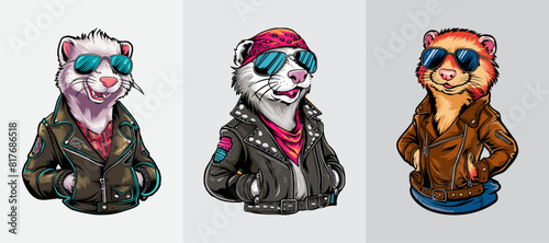 Cool look ferret with leather jacket and sunglasses, Generative AI