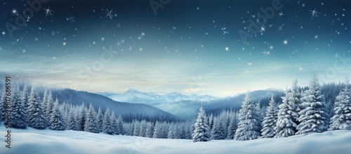 A magical holiday scene with snowy fir trees and a winter landscape is set for a Christmas background with ample copy space