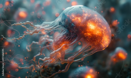 Jellyfish Among Bubbles. Generative AI photo