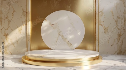 Gold marble display podium for luxury product advertising on a beautiful beige background