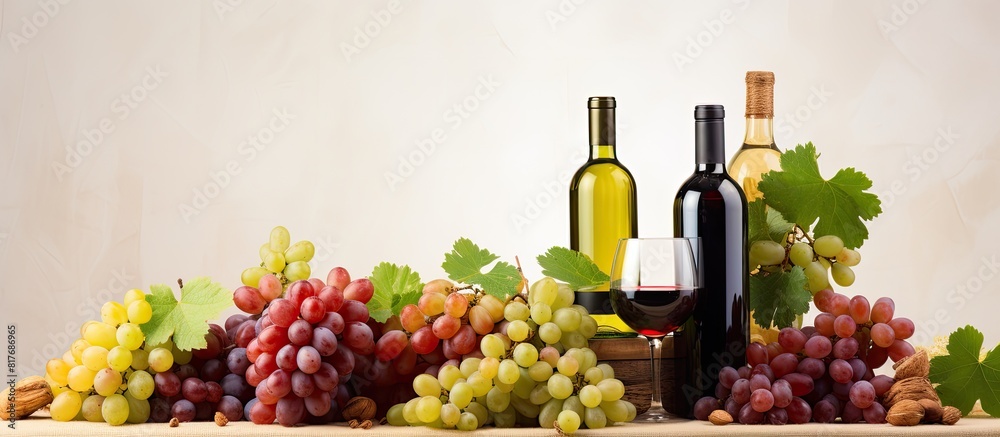 A copy space image featuring a variety of wines and grapes