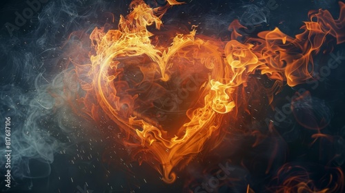 Abstract heart engulfed in blazing fire  symbolizing burning love or heartbreak  with swirling smoke and sparks