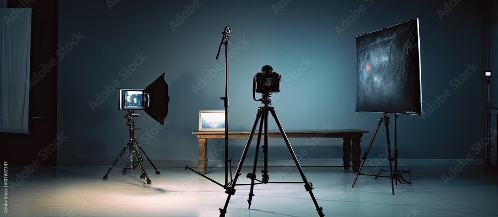 In a contemporary photo studio a tripod mounted professional camera captures images with a copy space for creative compositions