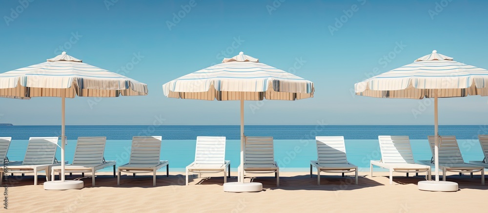 Fototapeta premium Copy space image Beach umbrellas provide shade for sun loungers near a pool area